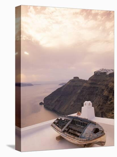 Boat at Sunset, Santorini, Greece-Walter Bibikow-Stretched Canvas