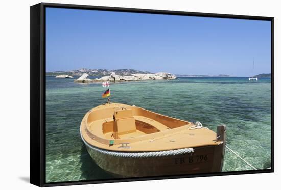 Boat at the Beach, Palau, Sardinia, Italy, Mediterranean, Europe-Markus Lange-Framed Stretched Canvas