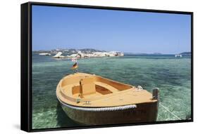 Boat at the Beach, Palau, Sardinia, Italy, Mediterranean, Europe-Markus Lange-Framed Stretched Canvas