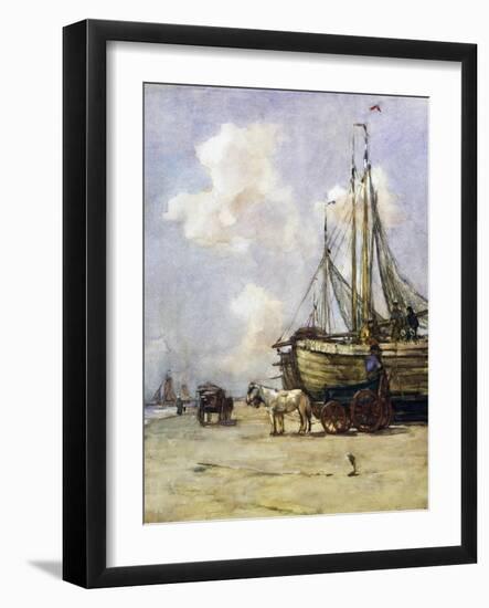 Boat Being Towed Towards Beach by Johan Akkeringa (1864-1942), Watercolour, 19th Century-null-Framed Giclee Print