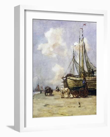 Boat Being Towed Towards Beach by Johan Akkeringa (1864-1942), Watercolour, 19th Century-null-Framed Giclee Print