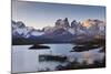 Boat Dock and Paine Mountains at Sunset, Torres Del Paine National Park, Patagonia-Eleanor Scriven-Mounted Photographic Print