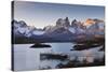 Boat Dock and Paine Mountains at Sunset, Torres Del Paine National Park, Patagonia-Eleanor Scriven-Stretched Canvas