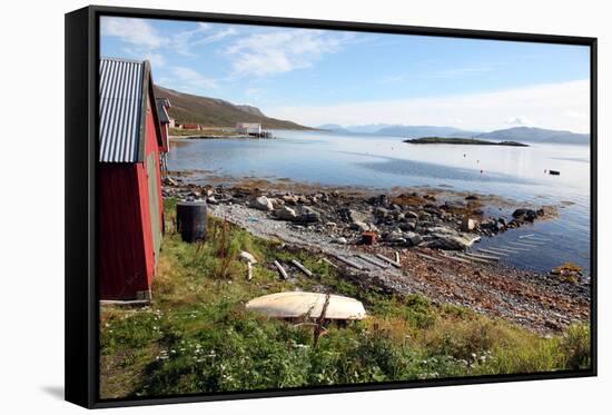 Boat House and Slip. Helgoy, Kvalsund, North Norway, Norway, Scandinavia, Europe-David Lomax-Framed Stretched Canvas