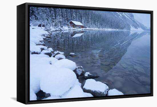 Boat House at Lake Louise, Banff National Park, Rocky Mountains, Alberta, Canada-Miles Ertman-Framed Stretched Canvas