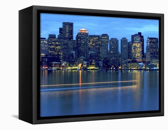 Boat Leaves Light Trail on Boston Harbor at Sunset, Boston, Massachusetts, USA-Nancy & Steve Ross-Framed Stretched Canvas