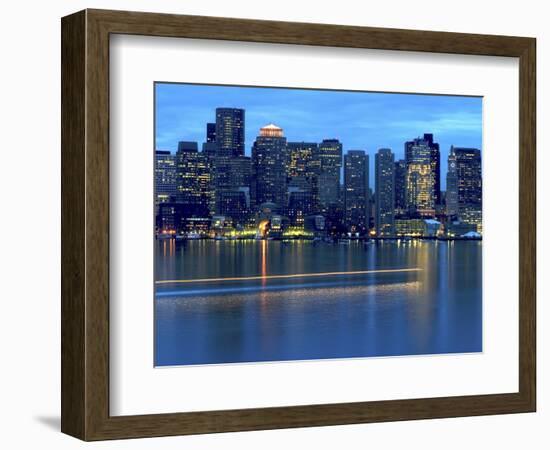 Boat Leaves Light Trail on Boston Harbor at Sunset, Boston, Massachusetts, USA-Nancy & Steve Ross-Framed Photographic Print