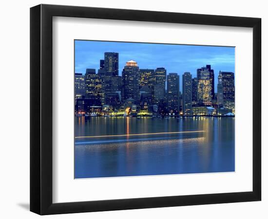 Boat Leaves Light Trail on Boston Harbor at Sunset, Boston, Massachusetts, USA-Nancy & Steve Ross-Framed Photographic Print