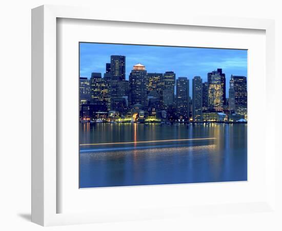 Boat Leaves Light Trail on Boston Harbor at Sunset, Boston, Massachusetts, USA-Nancy & Steve Ross-Framed Photographic Print