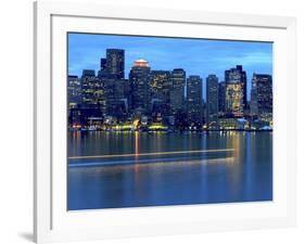 Boat Leaves Light Trail on Boston Harbor at Sunset, Boston, Massachusetts, USA-Nancy & Steve Ross-Framed Photographic Print