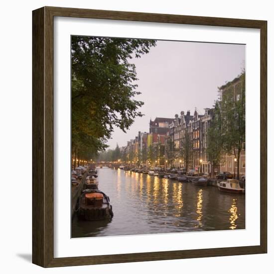 Boat Lined Canal at Dusk, Amsterdam, Netherlands-Marilyn Parver-Framed Photographic Print