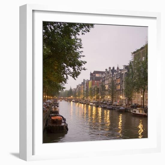 Boat Lined Canal at Dusk, Amsterdam, Netherlands-Marilyn Parver-Framed Photographic Print