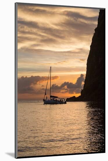 Boat moored at the base of Petit Piton near Sugar Beach at dusk, St. Lucia, Windward Islands, West-Martin Child-Mounted Photographic Print