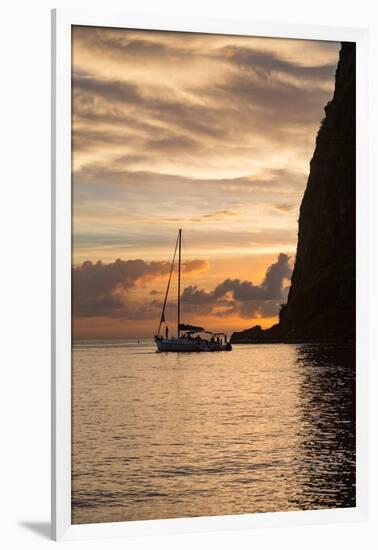 Boat moored at the base of Petit Piton near Sugar Beach at dusk, St. Lucia, Windward Islands, West-Martin Child-Framed Photographic Print