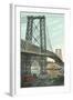 Boat on Fire under Williamsburg Bridge, New York City-null-Framed Art Print