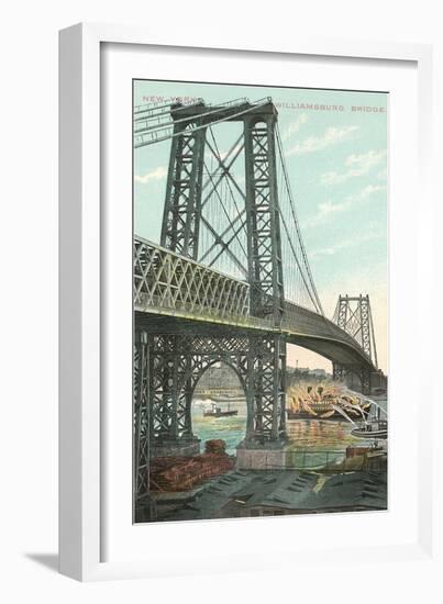 Boat on Fire under Williamsburg Bridge, New York City-null-Framed Art Print