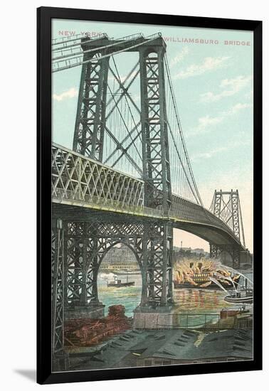 Boat on Fire under Williamsburg Bridge, New York City-null-Framed Art Print