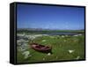 Boat on Green Foreshore, Landscape in Connemara, County Galway, Connacht, Republic of Ireland-Lawrence Graham-Framed Stretched Canvas