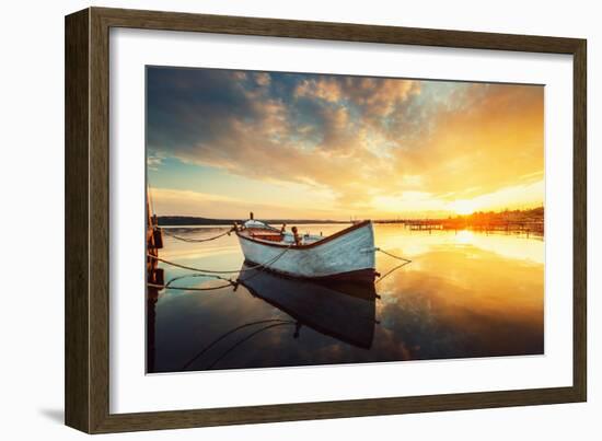 Boat on Lake with a Reflection in the Water at Sunset-Valentin Valkov-Framed Photographic Print