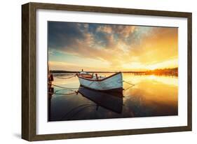 Boat on Lake with a Reflection in the Water at Sunset-Valentin Valkov-Framed Photographic Print