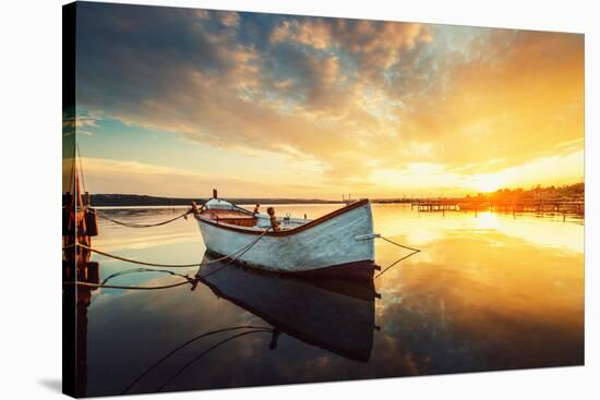 Boat on Lake with a Reflection in the Water at Sunset-Valentin Valkov-Stretched Canvas