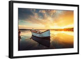 Boat on Lake with a Reflection in the Water at Sunset-Valentin Valkov-Framed Photographic Print