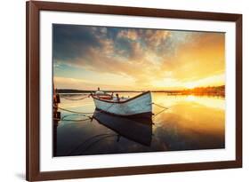Boat on Lake with a Reflection in the Water at Sunset-Valentin Valkov-Framed Photographic Print