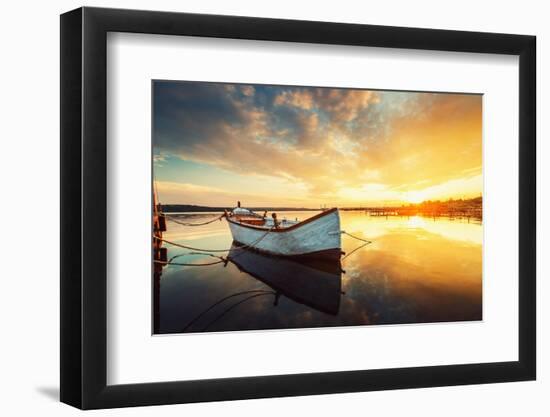 Boat on Lake with a Reflection in the Water at Sunset-Valentin Valkov-Framed Premium Photographic Print
