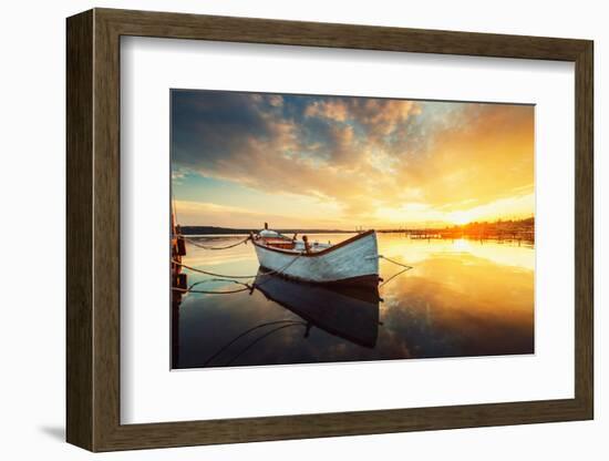 Boat on Lake with a Reflection in the Water at Sunset-Valentin Valkov-Framed Photographic Print