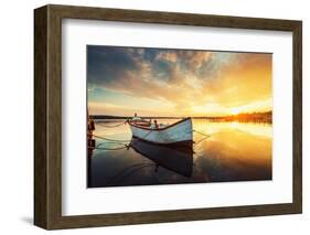 Boat on Lake with a Reflection in the Water at Sunset-Valentin Valkov-Framed Photographic Print