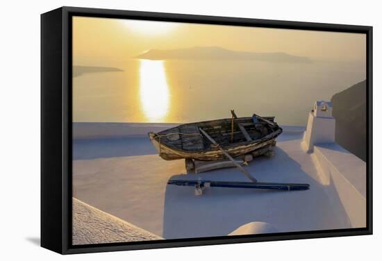 Boat on Rooftop, Santorini, Greece-Fran?oise Gaujour-Framed Stretched Canvas