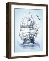 Boat on Sea Drawing. Sailboat Vector Sketch-Danussa-Framed Art Print