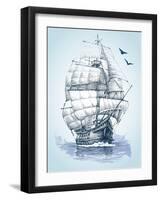 Boat on Sea Drawing. Sailboat Vector Sketch-Danussa-Framed Art Print