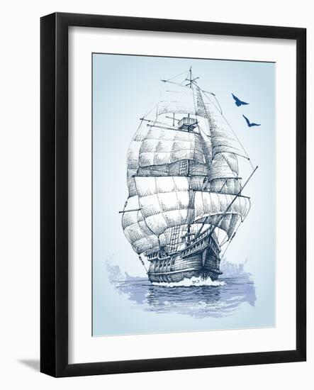 Boat on Sea Drawing. Sailboat Vector Sketch-Danussa-Framed Art Print