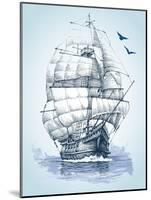 Boat on Sea Drawing. Sailboat Vector Sketch-Danussa-Mounted Art Print