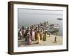 Boat on the River Ganges While a Cremation Takes Place, Varanasi, Uttar Pradesh State, India-Tony Waltham-Framed Photographic Print