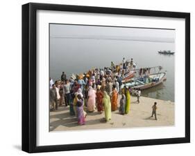 Boat on the River Ganges While a Cremation Takes Place, Varanasi, Uttar Pradesh State, India-Tony Waltham-Framed Photographic Print