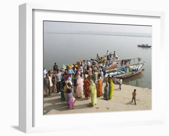 Boat on the River Ganges While a Cremation Takes Place, Varanasi, Uttar Pradesh State, India-Tony Waltham-Framed Photographic Print