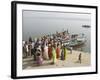 Boat on the River Ganges While a Cremation Takes Place, Varanasi, Uttar Pradesh State, India-Tony Waltham-Framed Photographic Print