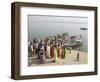 Boat on the River Ganges While a Cremation Takes Place, Varanasi, Uttar Pradesh State, India-Tony Waltham-Framed Photographic Print