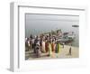 Boat on the River Ganges While a Cremation Takes Place, Varanasi, Uttar Pradesh State, India-Tony Waltham-Framed Photographic Print