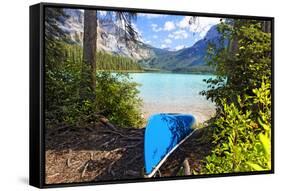 Boat on the Shore, Emerald Lake, Canada-George Oze-Framed Stretched Canvas