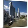 Boat on the Singapore River, the Cavenagh Bridge and the Downtown-Massimo Borchi-Mounted Photographic Print