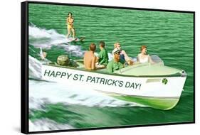 Boat Pulling Water Skier over Green Water, St. Patrick's Day-null-Framed Stretched Canvas