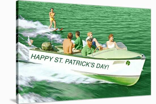 Boat Pulling Water Skier over Green Water, St. Patrick's Day-null-Stretched Canvas