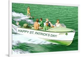 Boat Pulling Water Skier over Green Water, St. Patrick's Day-null-Framed Art Print