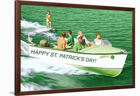 Boat Pulling Water Skier over Green Water, St. Patrick's Day-null-Framed Art Print