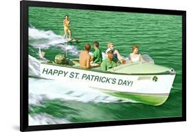 Boat Pulling Water Skier over Green Water, St. Patrick's Day-null-Framed Art Print