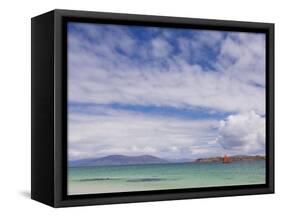 Boat with Red Sails Off Traigh Bhan Beach, Iona, Sound of Iona, Scotland, United Kingdom, Europe-Neale Clarke-Framed Stretched Canvas