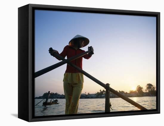 Boat Woman on Mekong River / Sunrise, Cantho, Mekong Delta, Vietnam-Steve Vidler-Framed Stretched Canvas